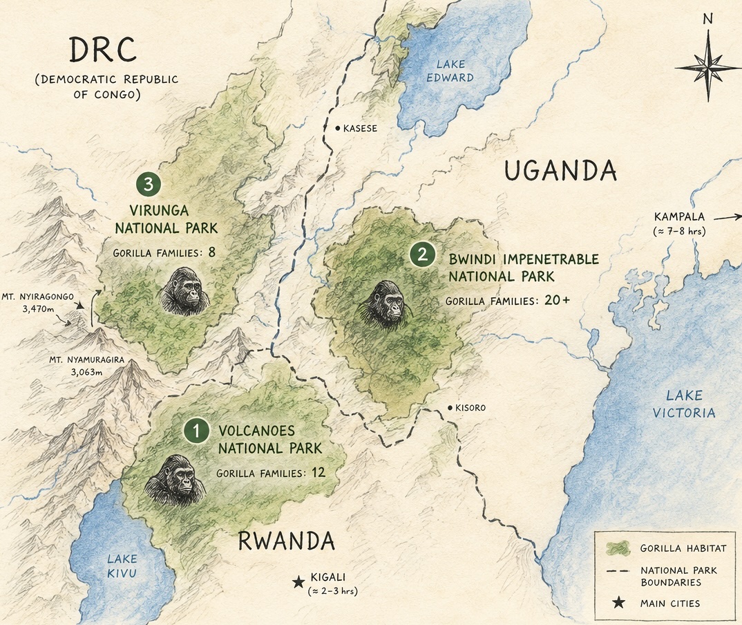 Gorilla map DRC uganda rwanda